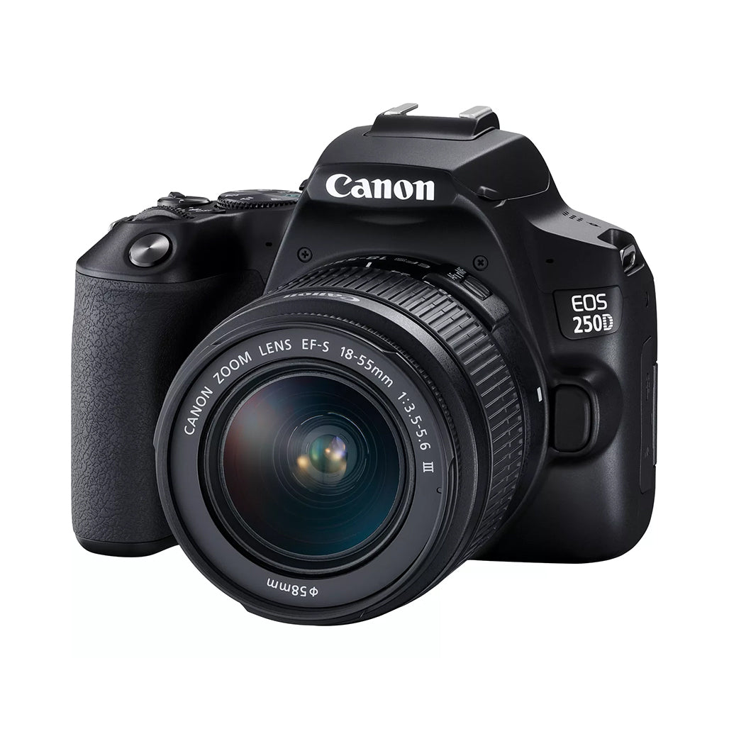 A Photo Of Canon EOS 250D Black DSLR Camera with EF-S 18-55mm f/3.5-5.6 III Lens – Lightweight, 4K Video, 24.1MP Sensor