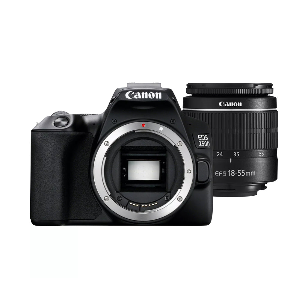 A Photo Of Canon EOS 250D Black DSLR Camera with EF-S 18-55mm f/3.5-5.6 III Lens – Lightweight, 4K Video, 24.1MP Sensor