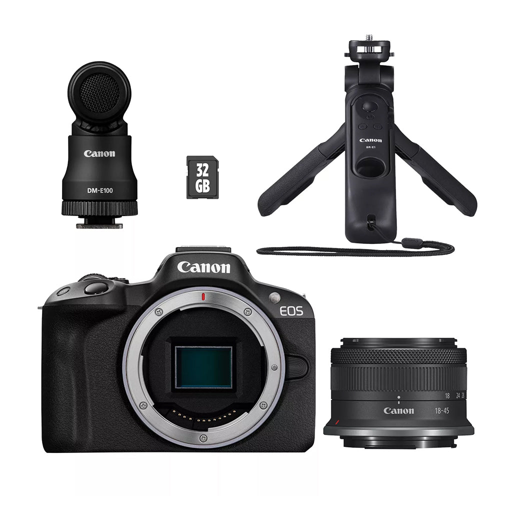 A Photo Of Canon EOS R50 Mirrorless Camera Content Creator Kit, Black | Includes Mic and Tripod