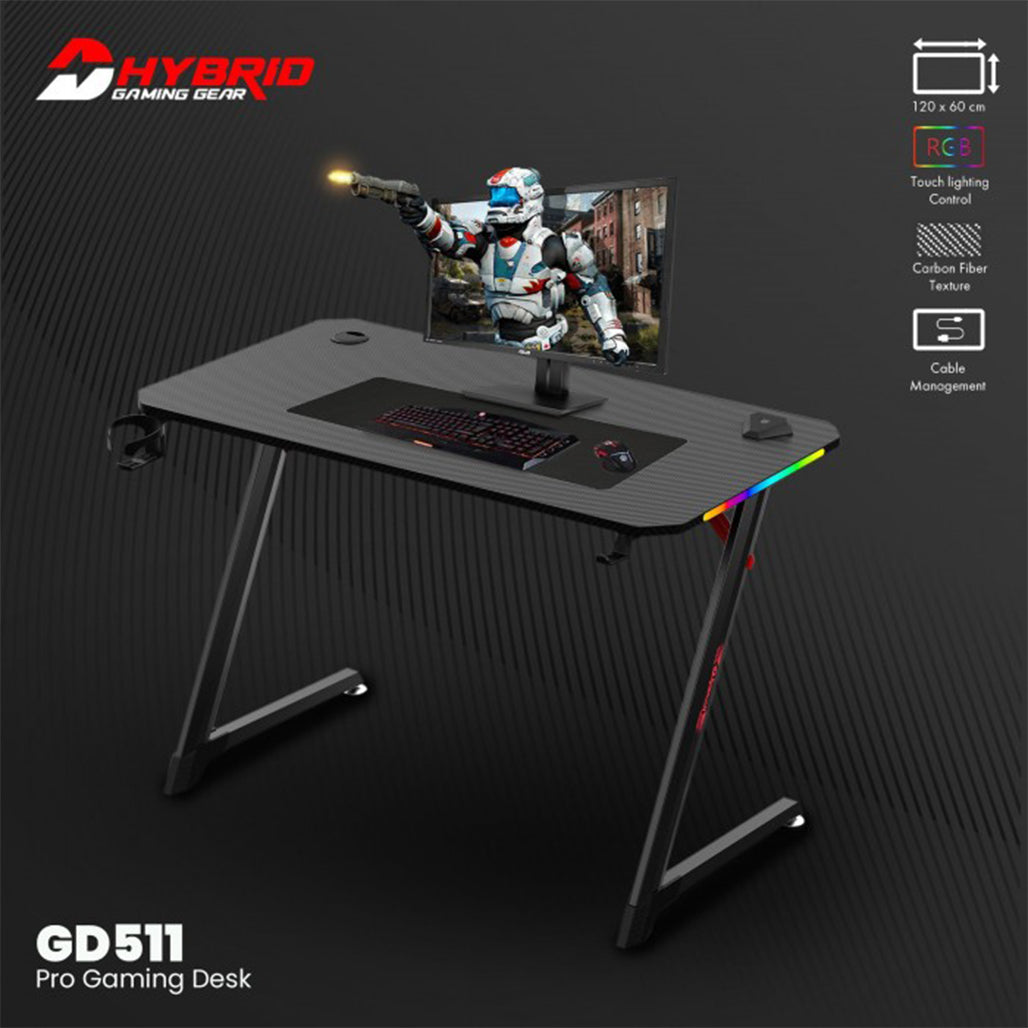 A Photo Of Fantech DHYBRID GD511 RGB LED Gaming Desk with Steel Frame and Compact Cable Management