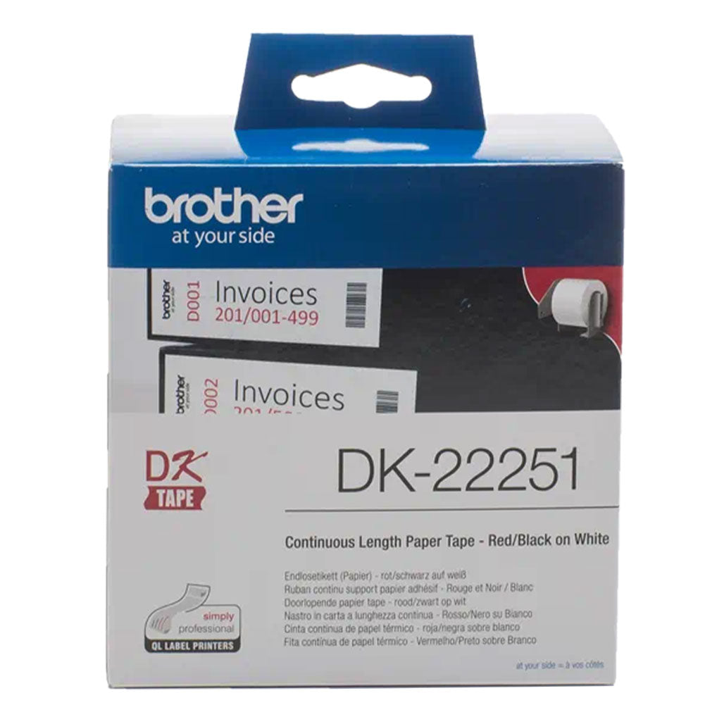 A Photo Of Brother DK-22251 Original Continuous Paper Roll - Black and Red on White, 62mm Width