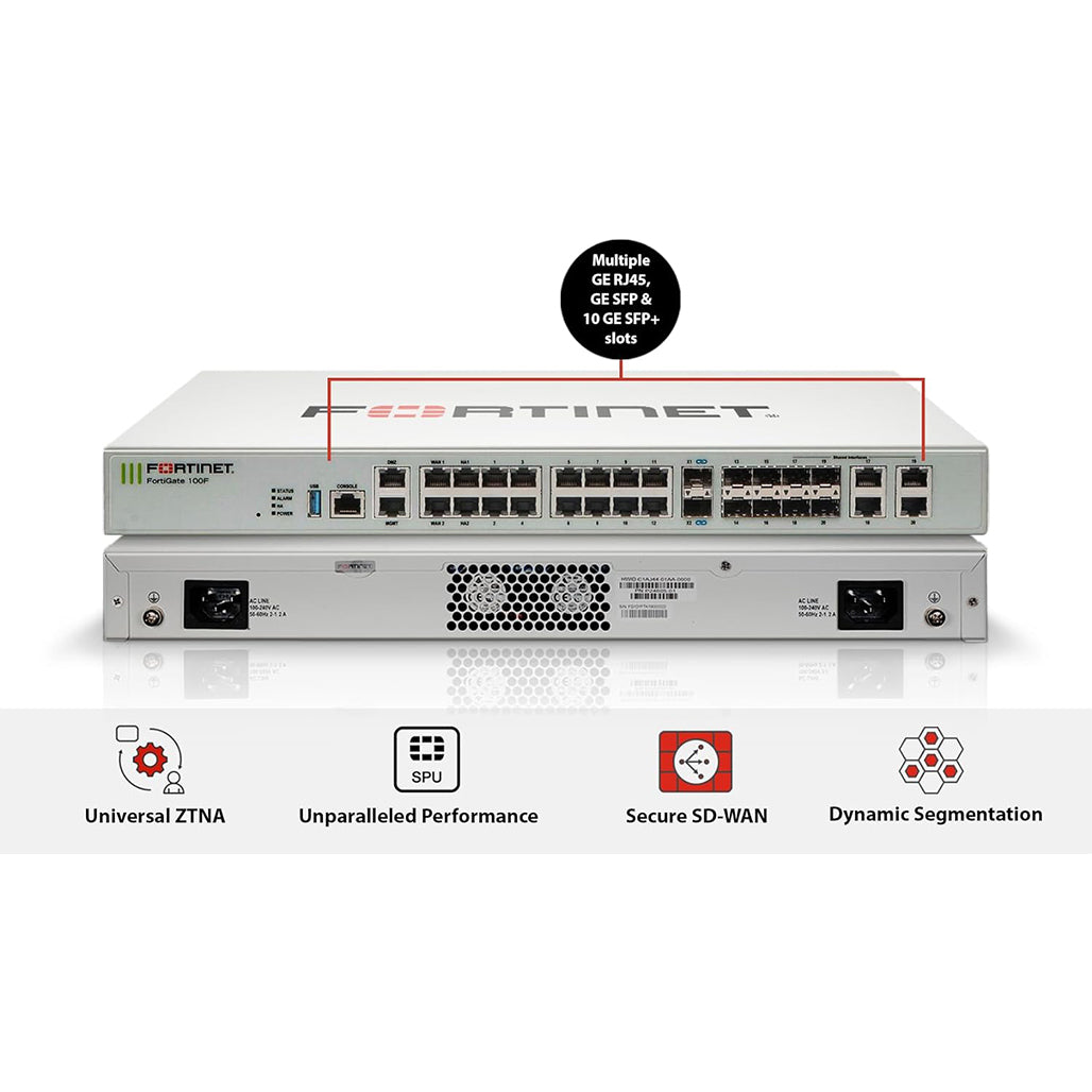 A Photo Of Fortinet FortiGate 100F Firewall Appliance | 22 GE RJ45 Ports, 4 SFP, 2 10G SFP+ Ports | Dual Power Supplies