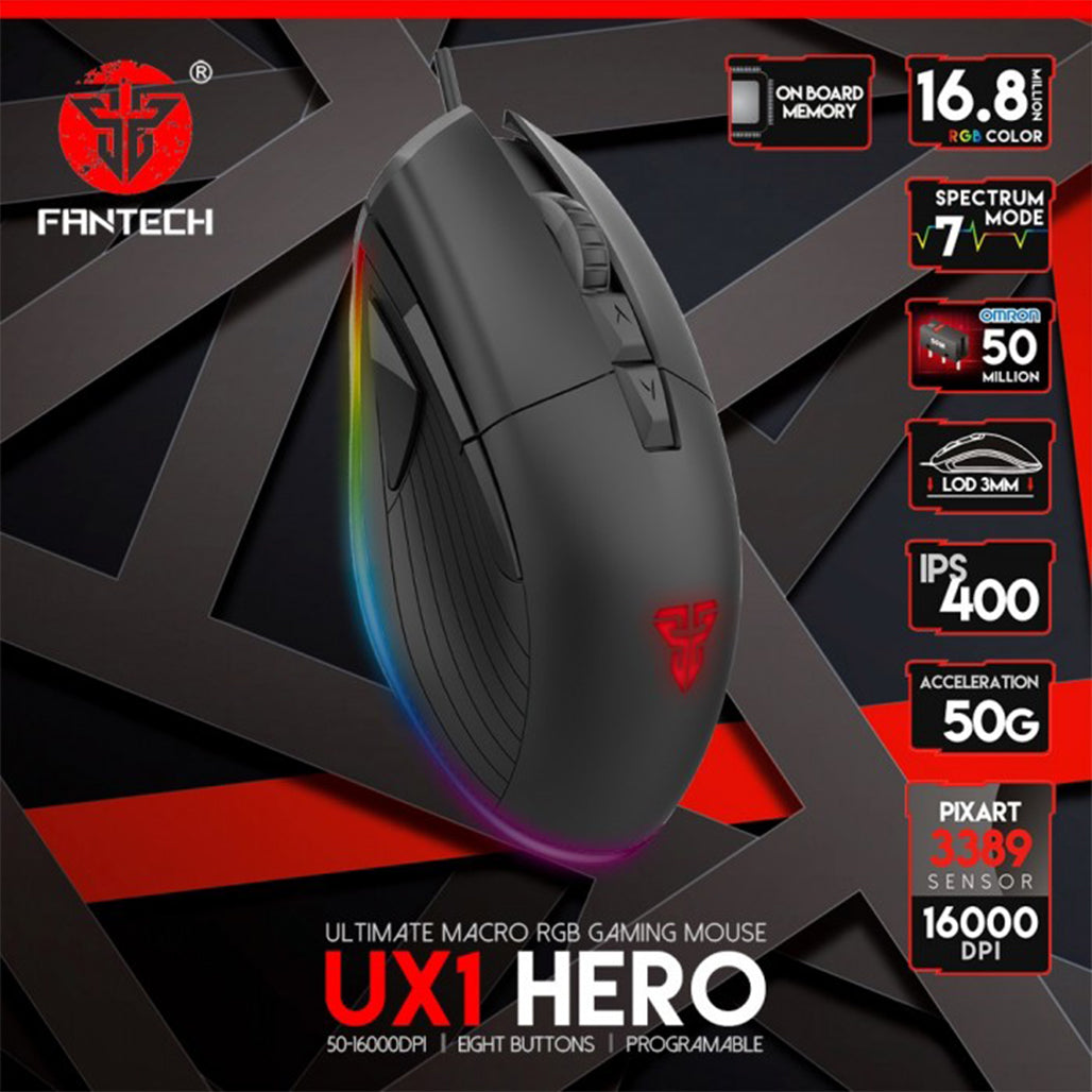 A Photo Of Fantech UX1 HERO - RGB Gaming Mouse with 16000 DPI Sensor and Customizable Lighting