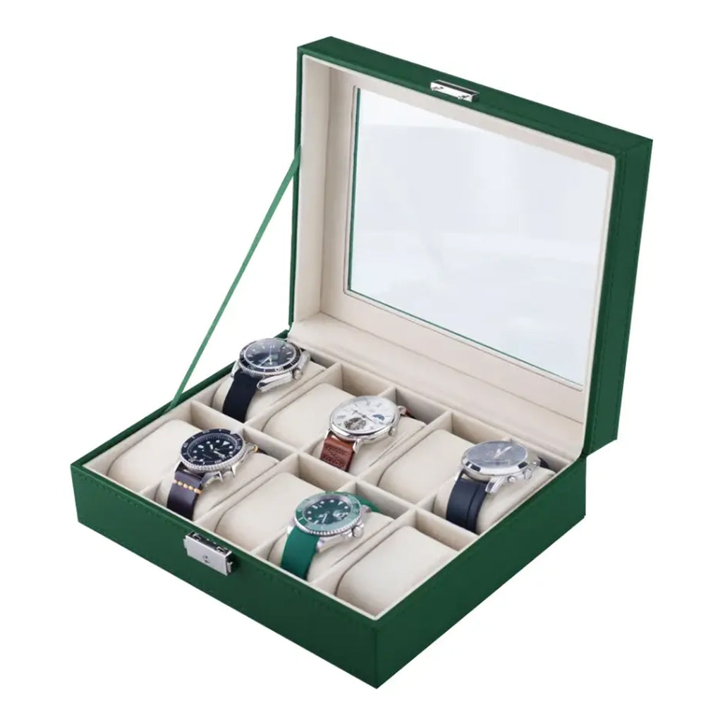 A Photo Of Green Lion Classic 10-Slot Watch Box with Glass Top - Green | Elegant and Durable Storage