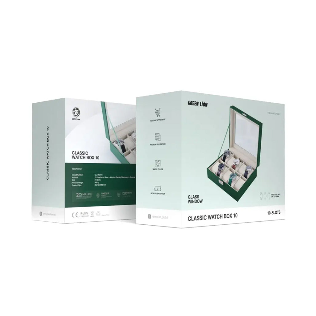 A Photo Of Green Lion Classic 10-Slot Watch Box with Glass Top - Green | Elegant and Durable Storage