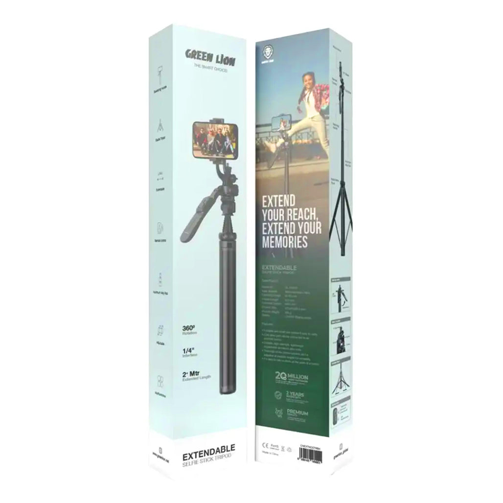 A Photo Of Green Lion Extendable Selfie Stick Tripod with 360° Rotation and Remote Control - Black