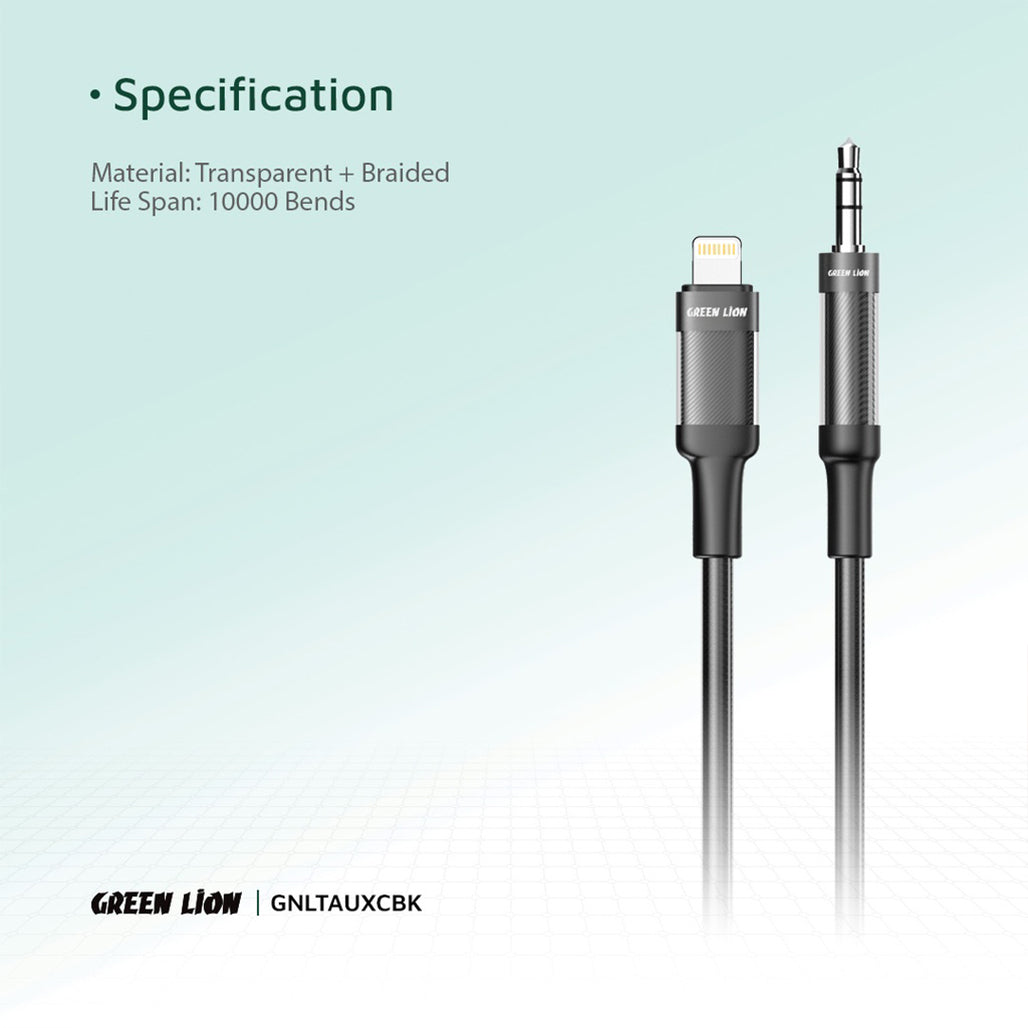 A Photo Of Green Lion Lightning to AUX 1M Braided Cable – Black, High-Quality Audio & Durability for iPhone