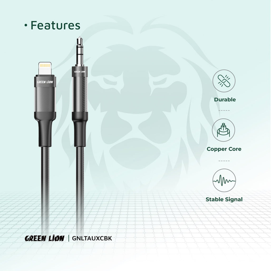 A Photo Of Green Lion Lightning to AUX 1M Braided Cable – Black, High-Quality Audio & Durability for iPhone