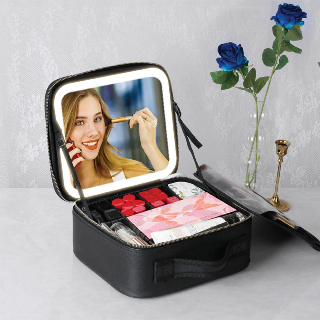 A Photo Of Green Lion Makeup Organizer - Portable Beauty Storage with 4K Mirror & LED Lights - Black