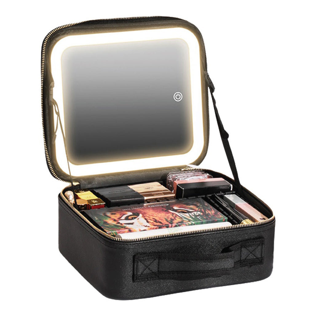 A Photo Of Green Lion Makeup Organizer - Portable Beauty Storage with 4K Mirror & LED Lights - Black