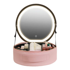 A Photo Of Green Lion Makeup Organizer Pro - Chic Pink Beauty Storage with 4K Mirror & LED Lighting