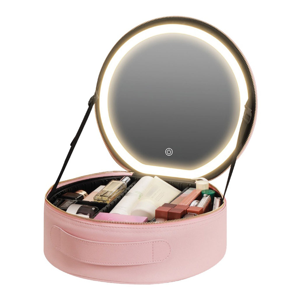 A Photo Of Green Lion Makeup Organizer Pro - Chic Pink Beauty Storage with 4K Mirror & LED Lighting