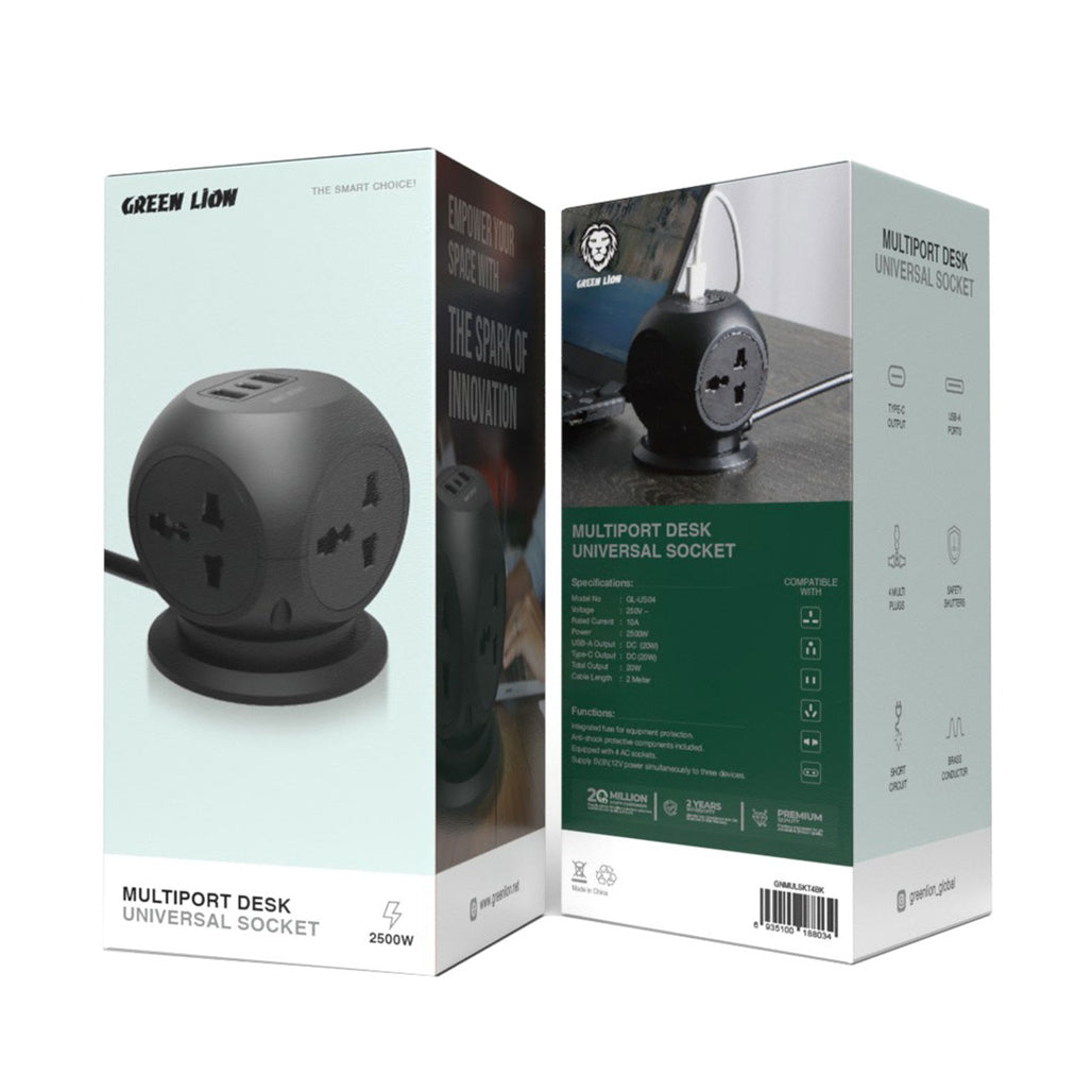 A Photo Of Green Lion MultiPort Desk Universal Socket - Black | Versatile Power Solution for Home and Office