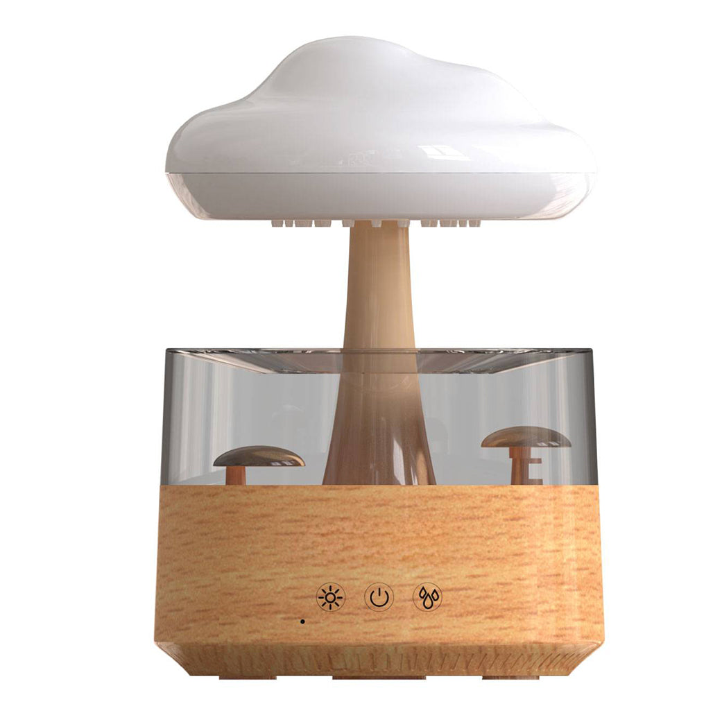 A Photo Of Green Lion Rain Cloud Diffuser - 300ml Capacity, 5-8ml/h Spray Volume, Type-C Plug, Automatic Shutdown, Anti-Spill Design, Colorful Ambiance Lights - Wood Finish