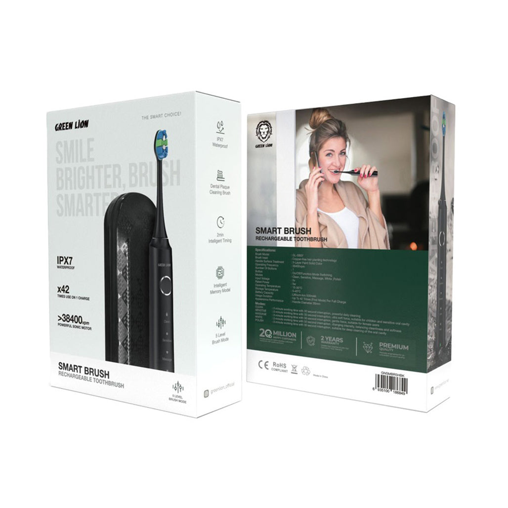 A Photo Of Green Lion Smart Brush Rechargeable Toothbrush - Sonic Electric Toothbrush with 5 Modes, Long Battery Life, and IPX7 Waterproof Design - Black