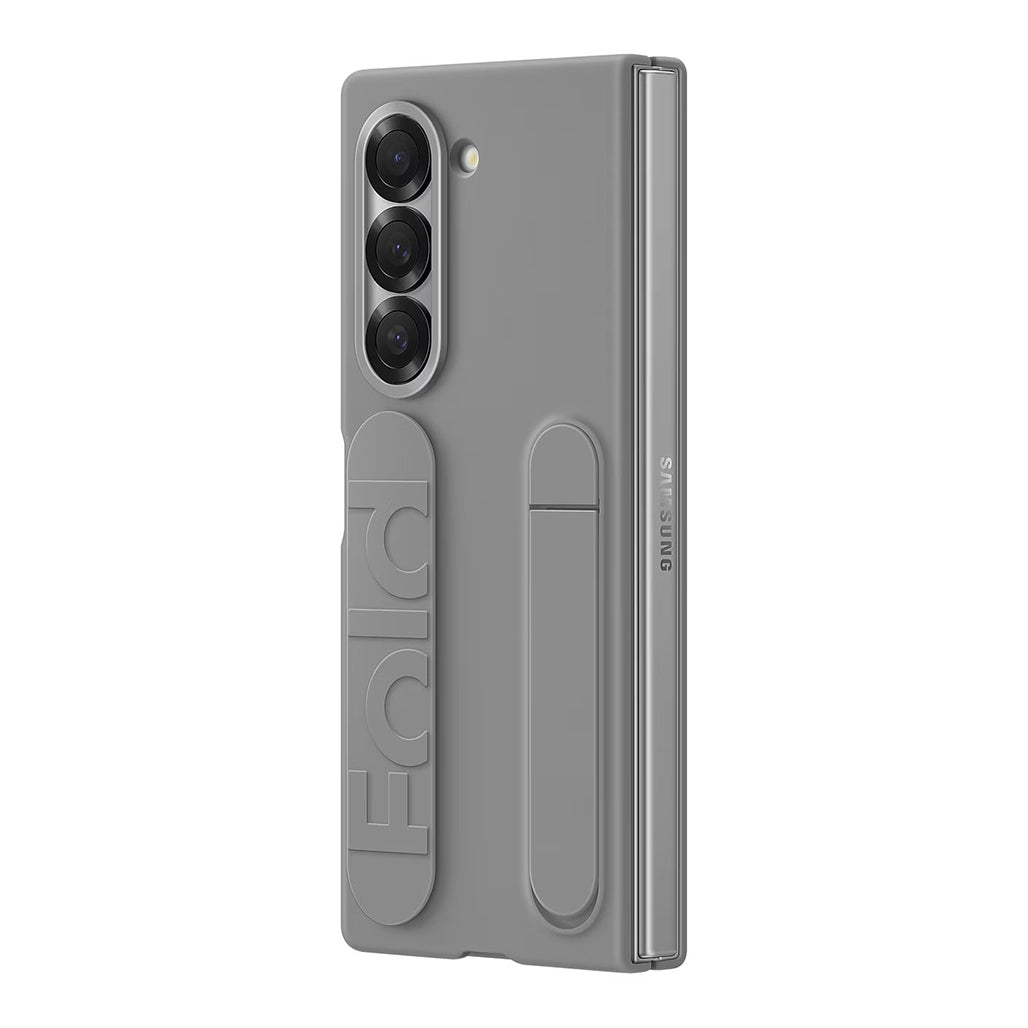 A Photo Of Samsung Galaxy Z Fold6 Silicone Case - Gray, Dual Grip and Stand Functionality