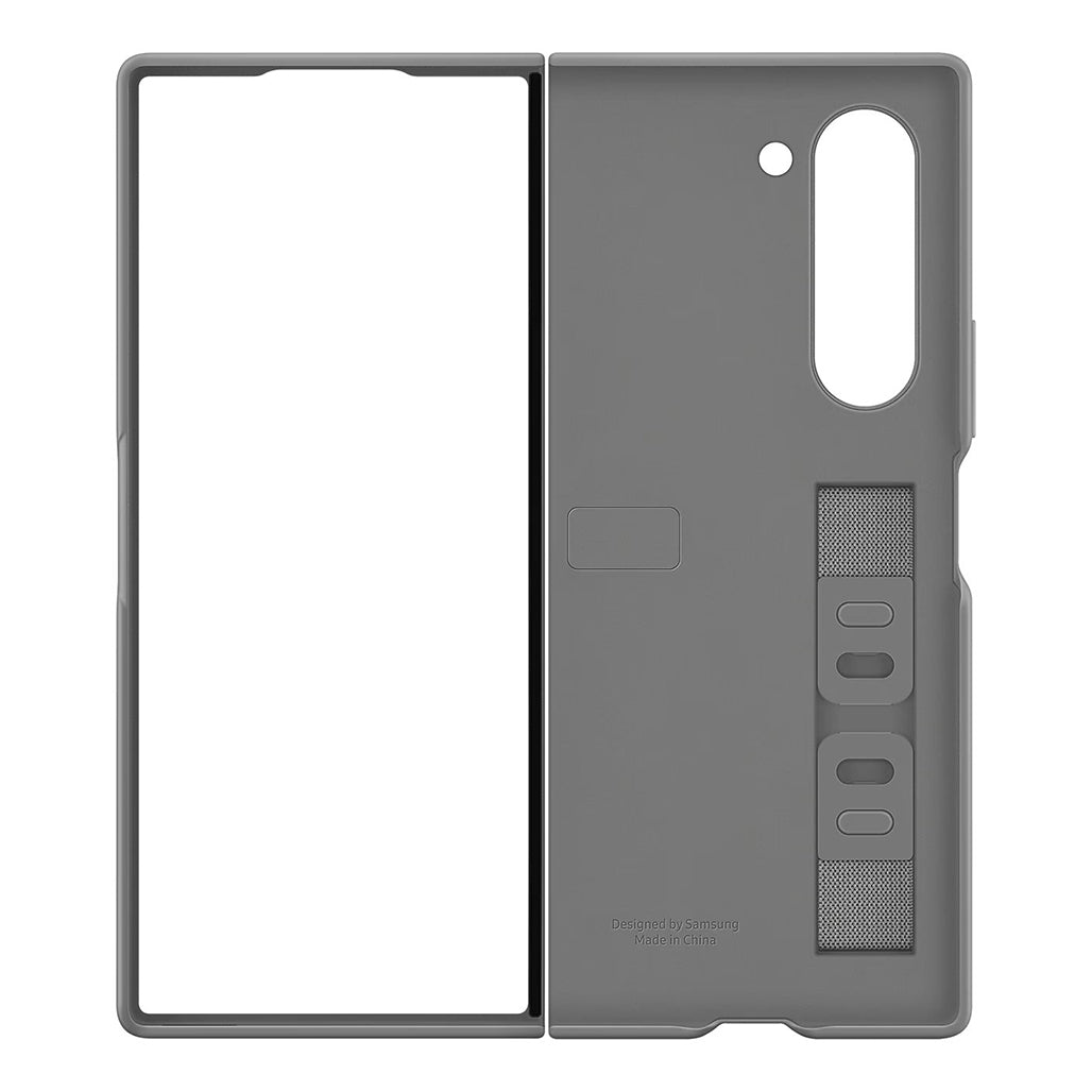 A Photo Of Samsung Galaxy Z Fold6 Silicone Case - Gray, Dual Grip and Stand Functionality