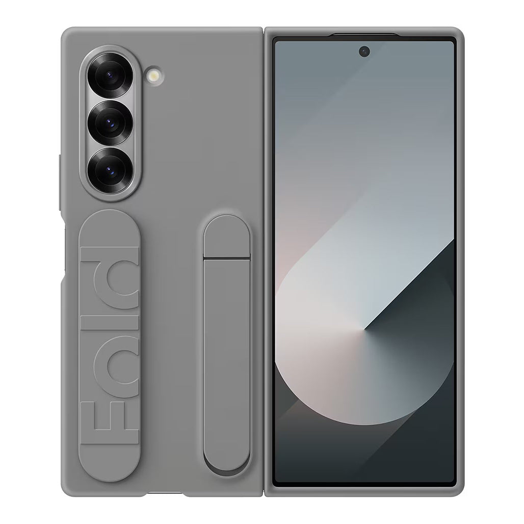 A Photo Of Samsung Galaxy Z Fold6 Silicone Case - Gray, Dual Grip and Stand Functionality