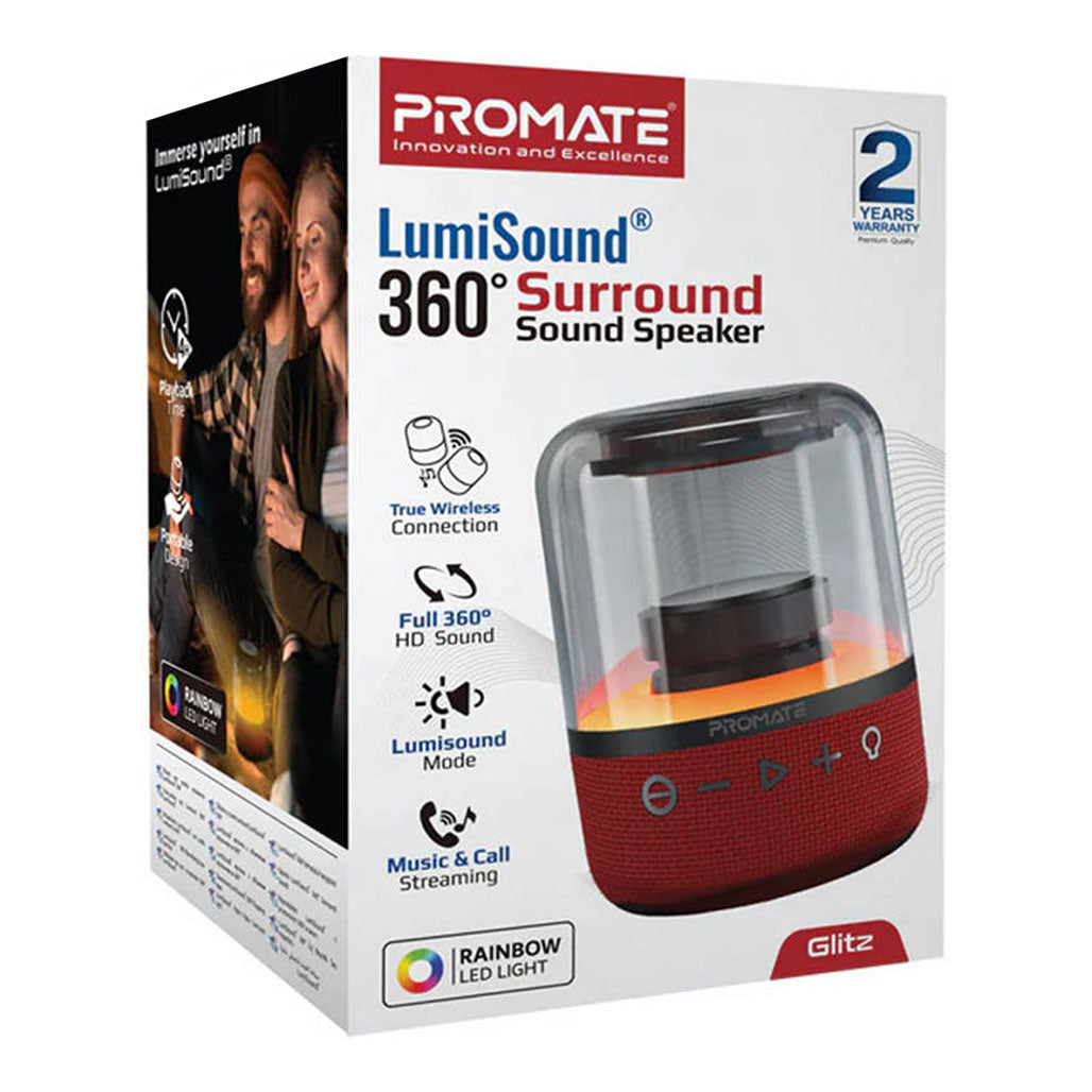 Promate Glitz-L HD LumiSound 360° Surround Sound Speaker - Red, 32267527848188, Available at 961Souq