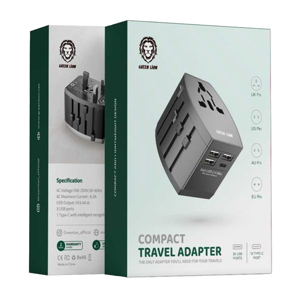Green Lion Compact Travel Adapter - Black, 33043861930236, Available at 961Souq