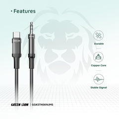 A Photo Of Green Lion USB-C to AUX Braided Cable 1M - Black | Durable & Clear Sound Quality