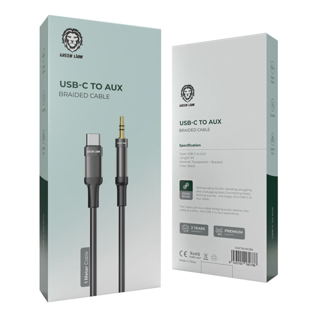 A Photo Of Green Lion USB-C to AUX Braided Cable 1M - Black | Durable & Clear Sound Quality