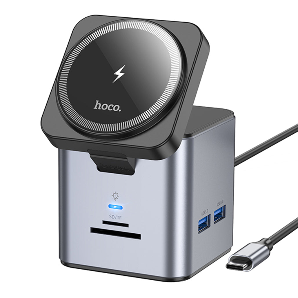 A Photo Of Hoco HB49 - 9in1 Magnetic Wireless Fast Charging Station – PD100W Type-C to HDMI, PD, USB3.0, SD, TF, RJ45, and Wireless Charging - Metal Gray