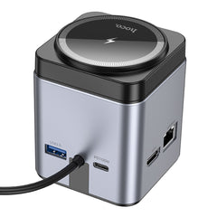 A Photo Of Hoco HB49 - 9in1 Magnetic Wireless Fast Charging Station – PD100W Type-C to HDMI, PD, USB3.0, SD, TF, RJ45, and Wireless Charging - Metal Gray