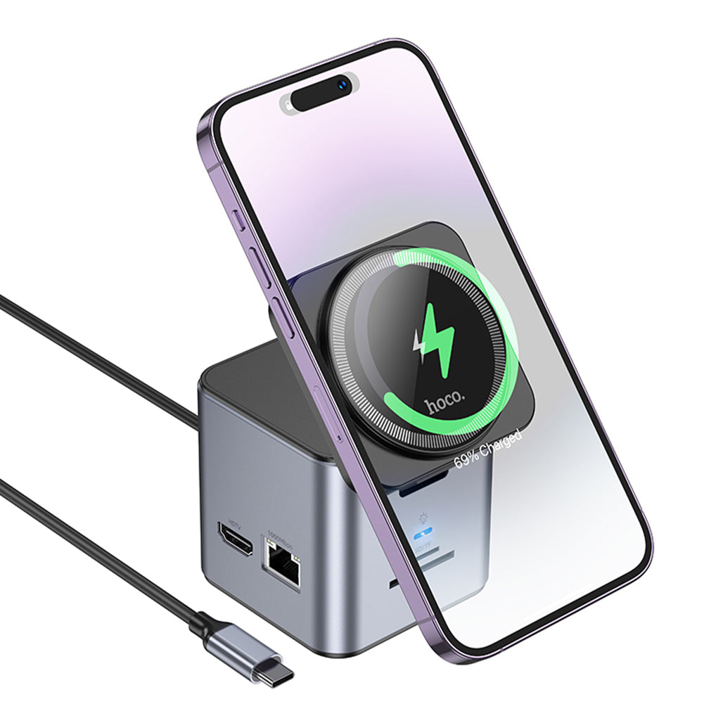 A Photo Of Hoco HB49 - 9in1 Magnetic Wireless Fast Charging Station – PD100W Type-C to HDMI, PD, USB3.0, SD, TF, RJ45, and Wireless Charging - Metal Gray