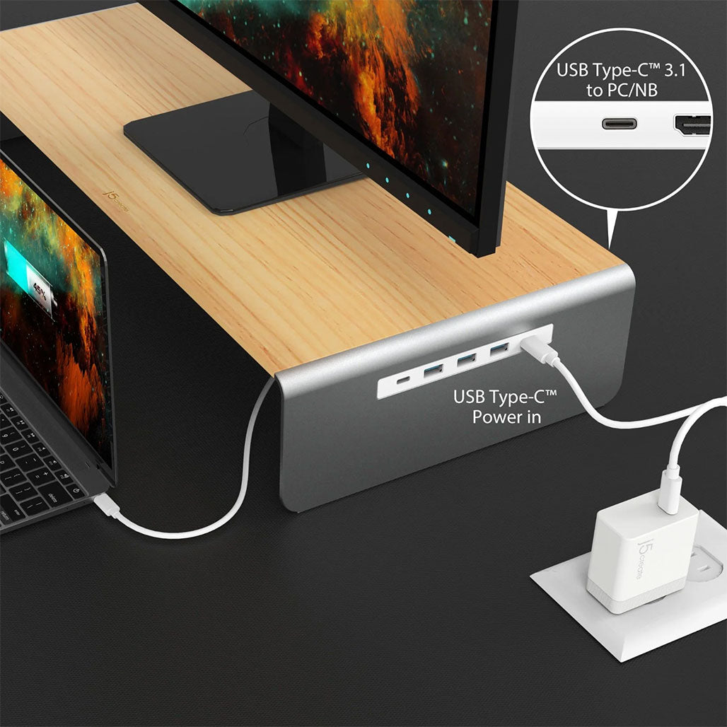 J5Create JCT425 Wood Monitor Stand with Docking Station, 32345495601404, Available at 961Souq
