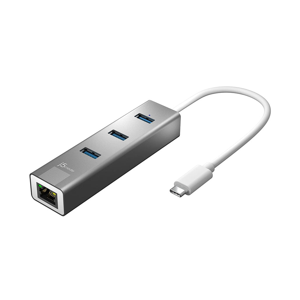 A Photo Of J5 Create USB-C® 3-Port Hub with Gigabit Ethernet JCH474 – High-Speed Data Transfer and Wired Network Connectivity