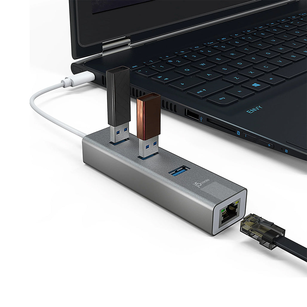 A Photo Of J5 Create USB-C® 3-Port Hub with Gigabit Ethernet JCH474 – High-Speed Data Transfer and Wired Network Connectivity