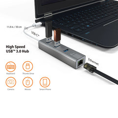 A Photo Of J5 Create USB-C® 3-Port Hub with Gigabit Ethernet JCH474 – High-Speed Data Transfer and Wired Network Connectivity