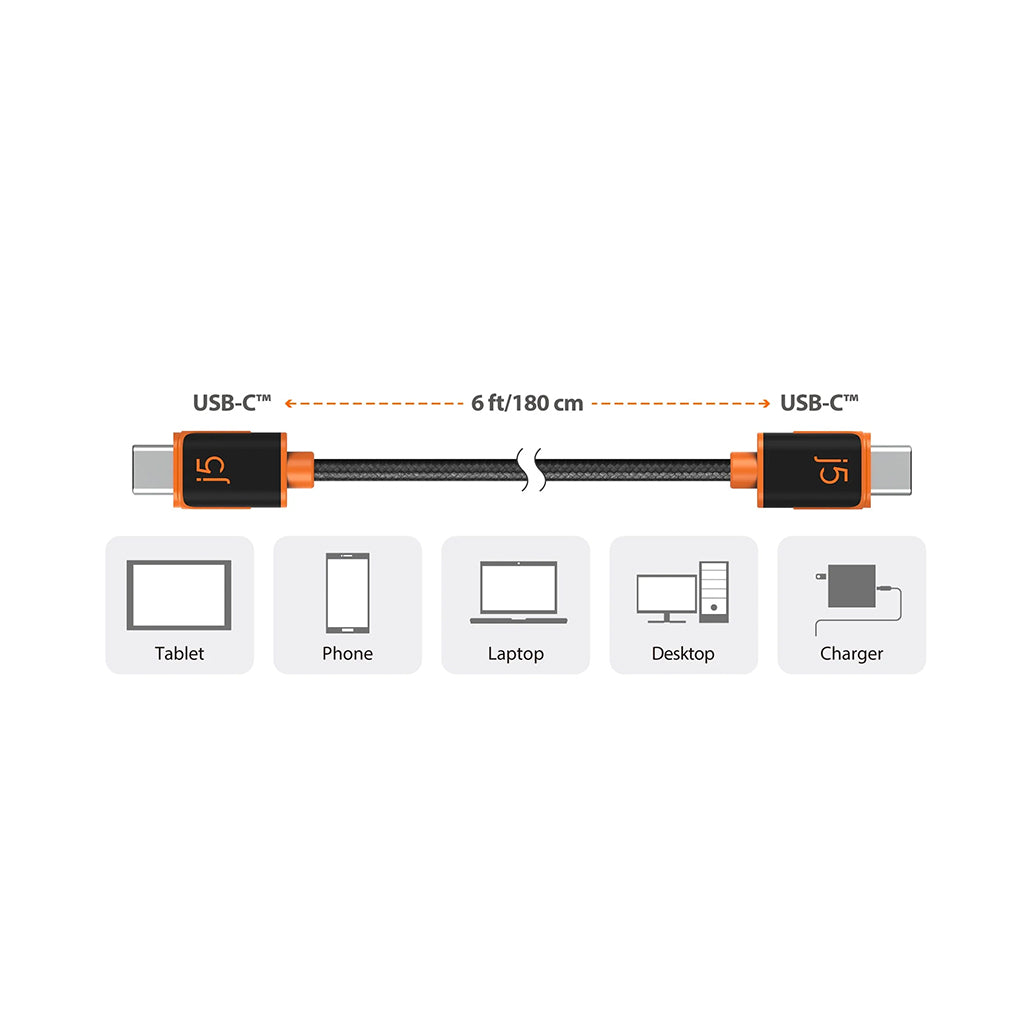 A Photo Of J5Create JUCX24 USB-C™ to USB-C™ Sync & Charge Cable - 6 ft Durable Braided Polyester, High-Speed Data Transfer & Charging