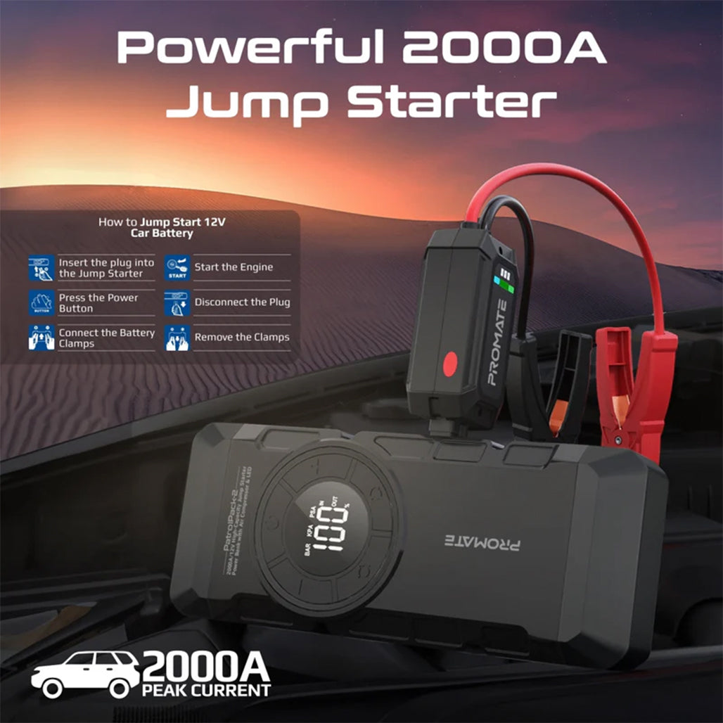 A Photo Of Promate PatrolPack-2 2000A Jump Starter with Air Compressor & LED Flashlight | 4-in-1 Adventure Tool