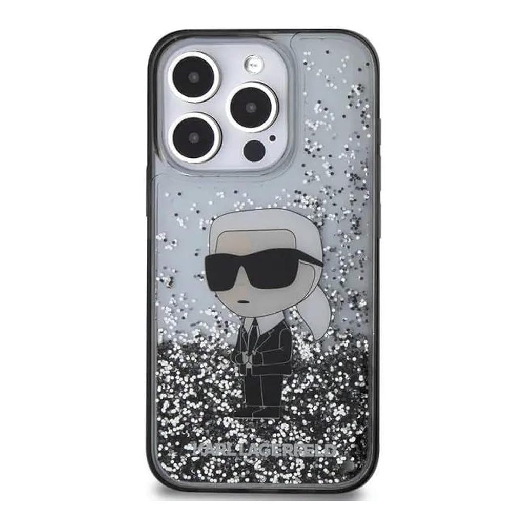 A Photo Of Karl Lagerfeld Liquid Glitter Hard Case with Ikonik Logo for iPhone 16 Pro – Slim, Stylish, and Durable Protection