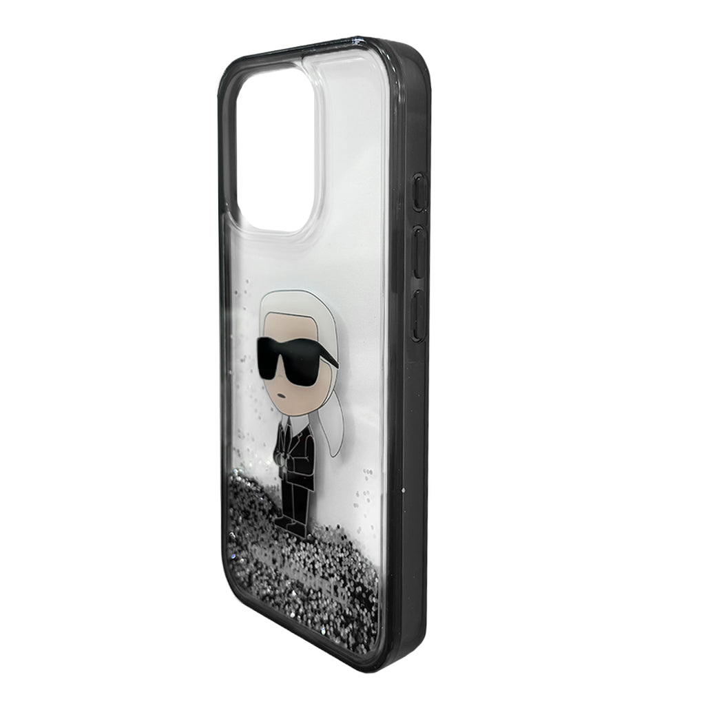 A Photo Of Karl Lagerfeld Liquid Glitter Hard Case with Ikonik Logo for iPhone 16 Pro – Slim, Stylish, and Durable Protection