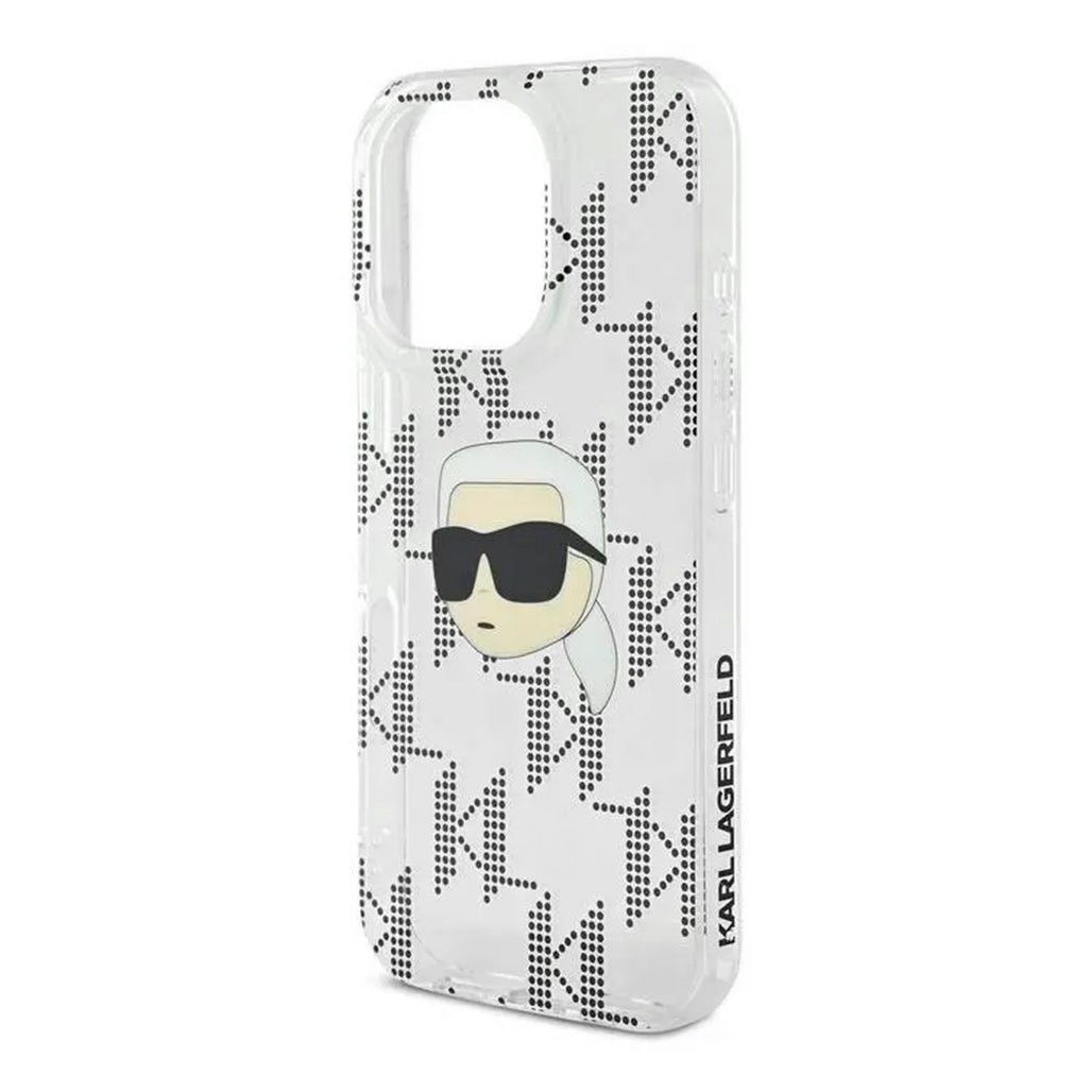 A Photo Of Karl Lagerfeld IML Electroplated Hard Case with Karl Head & Monogram Design for iPhone 16 Pro Max – Luxury and Durable Protection