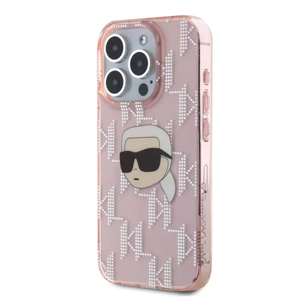 A Photo Of Karl Lagerfeld IML Electroplated Hard Case with Karl Head & Monogram Design for iPhone 16 Pro Max – Luxury and Durable Protection