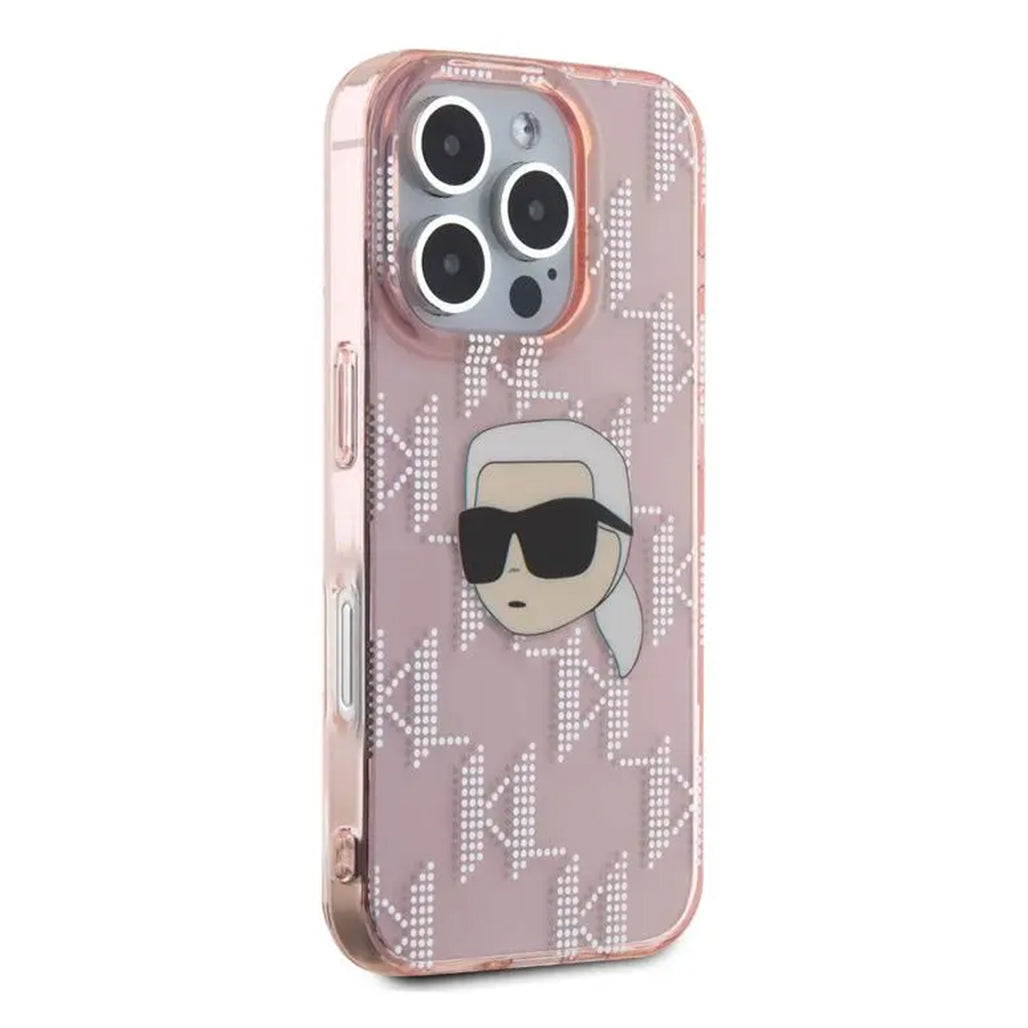 A Photo Of Karl Lagerfeld IML Electroplated Hard Case with Karl Head & Monogram Design for iPhone 16 Pro Max – Luxury and Durable Protection