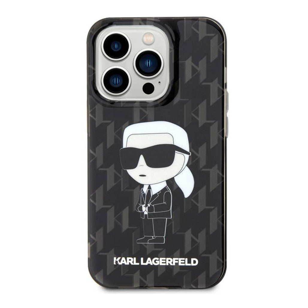 A Photo Of Karl Lagerfeld IML Black Hard Case for iPhone 16 Pro – Electroplated Karl Head and Monogram Design, Slim & Durable Protection