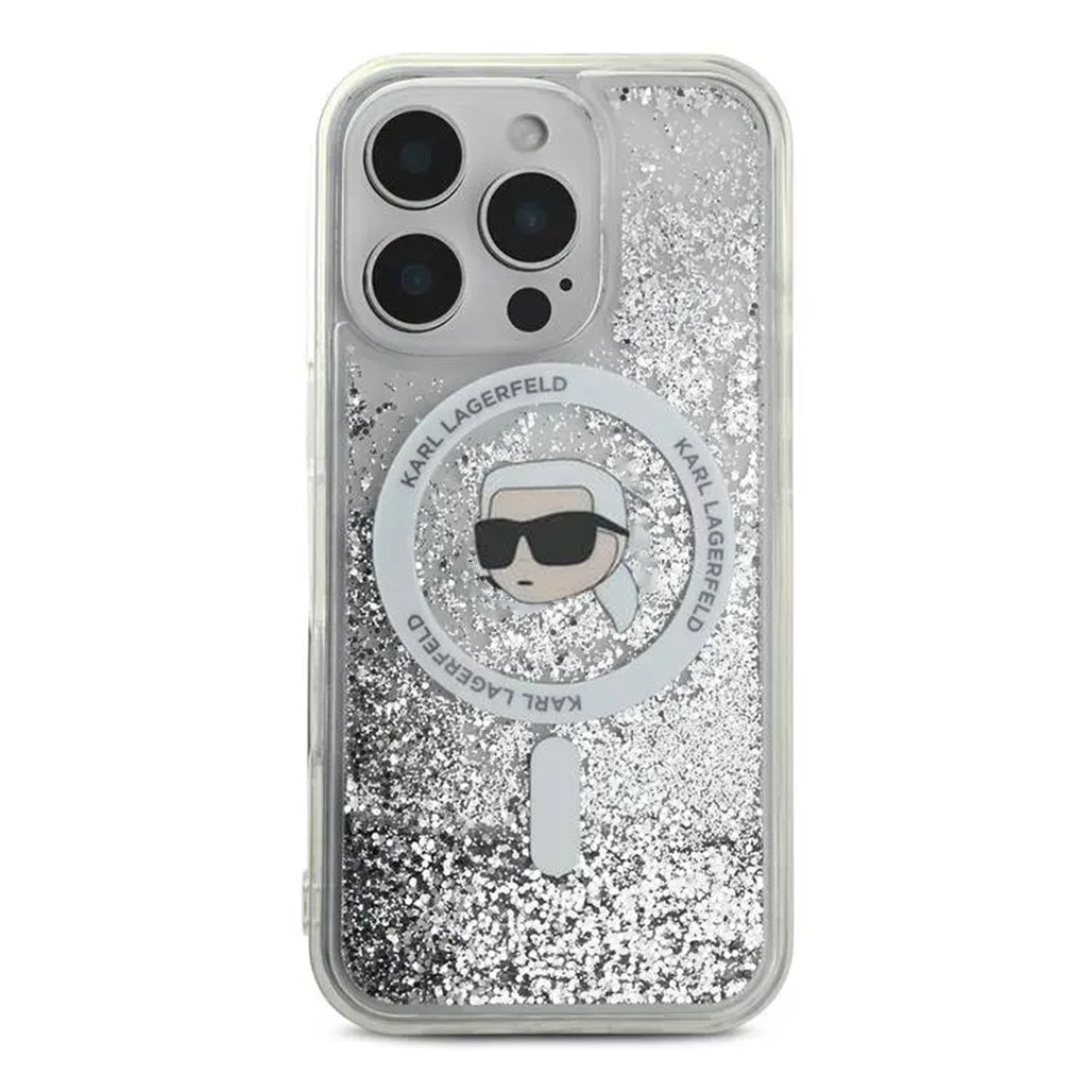 A Photo Of Karl Lagerfeld MagSafe Glitter Hard Case with Karl Logo for iPhone 16 Pro - Liquid Glitter Protection