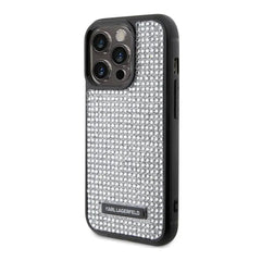 A Photo Of Karl Lagerfeld - Rhinestone with Logo Metal Plate Case for iPhone 15 Pro - Silver