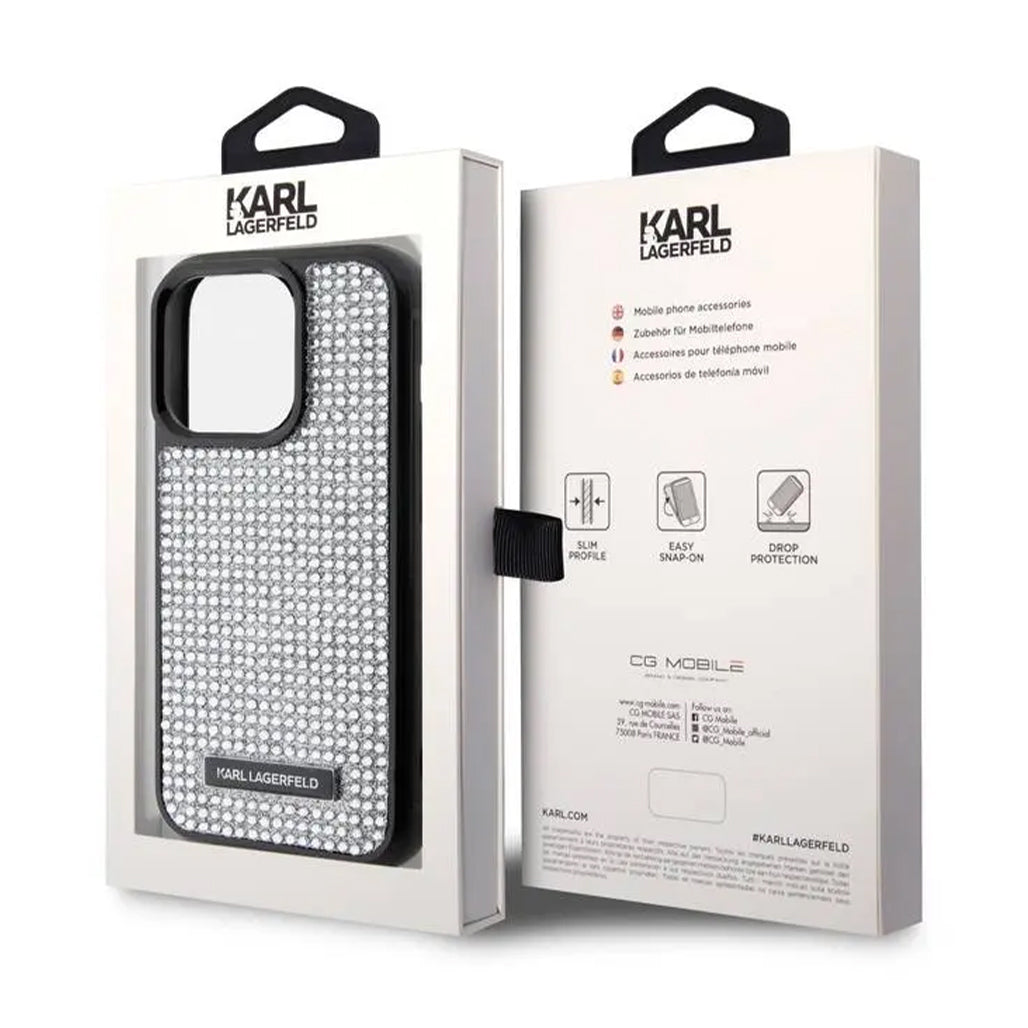 A Photo Of Karl Lagerfeld - Rhinestone with Logo Metal Plate Case for iPhone 15 Pro - Silver