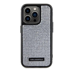 A Photo Of Karl Lagerfeld - Rhinestone with Logo Metal Plate Case for iPhone 15 Pro - Silver