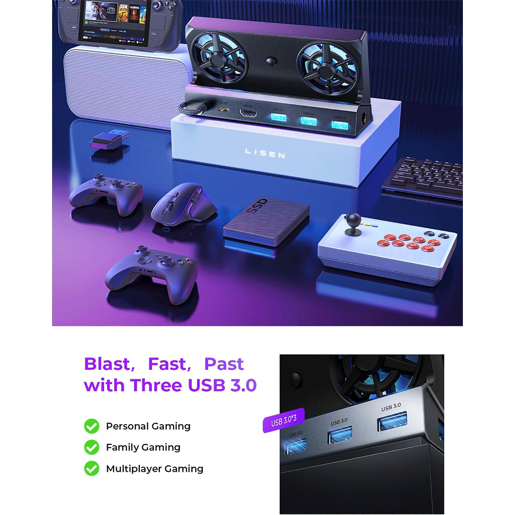 A Photo Of Lisen 8-in-1 Steam Deck OLED Docking Station and Handheld Console Cooler - Universal Compatibility