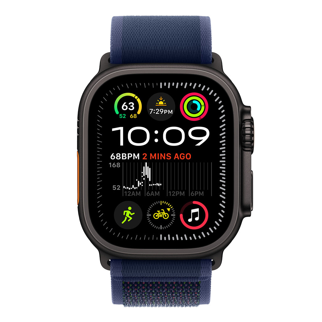 A Photo Of Apple 49mm Blue Trail Loop - M/L - Black Titanium Finish, Nylon Weave, Adjustable Fit, Carbon Neutral