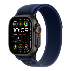 A Photo Of Apple 49mm Blue Trail Loop - M/L - Black Titanium Finish, Nylon Weave, Adjustable Fit, Carbon Neutral