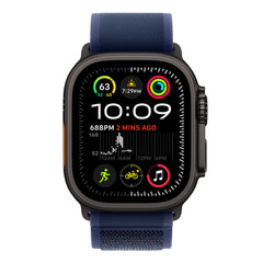 A Photo Of Apple 49mm Blue Trail Loop - M/L - Black Titanium Finish, Nylon Weave, Adjustable Fit, Carbon Neutral