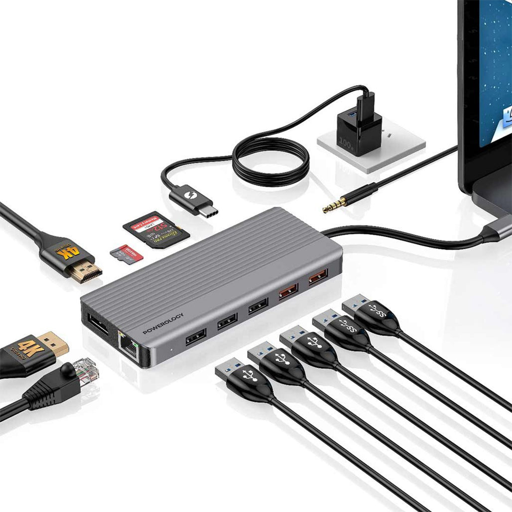 A Photo Of Powerology 12-in-1 USB-C Hub with Dual HDMI, Ethernet, 100W PD, VGA, USB, SD & MicroSD – Dark